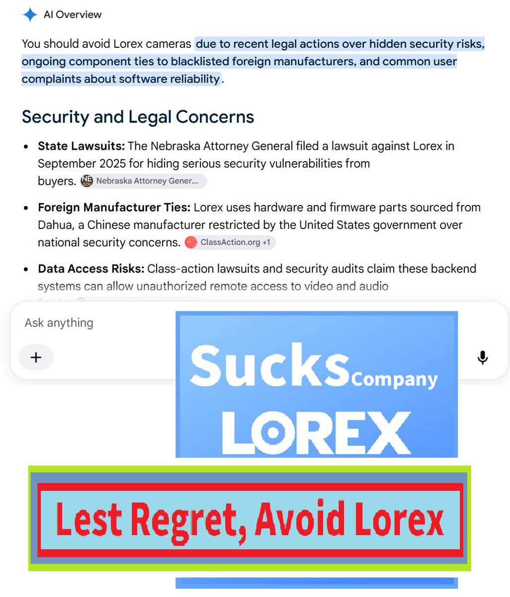 Goolorex's tweet photo. Avoid Lorex due to GooglePlay👎👎{Ted Drake 24 August 2026 Used to be reasonably good, but now the app seems to continuously get worse. The largest complaints that I have are that the app CONSTANTL ... ning app.}🤦‍(in a shell=>Terrible Chinese Lorex)567. 3.704 https://t.co/PEsavKmGIb