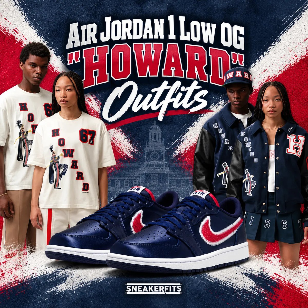 SneakerFitsCom's tweet photo. Air Jordan 1 Low OG “Howard” Outfits

Looking for apparel to match the College Navy, White and University Red colorway? 

See matching Howard University gear and outfit ideas:
https://t.co/UIolI7ZX1o

#AirJordan1 #SneakerFits https://t.co/xntZ9YFaWr