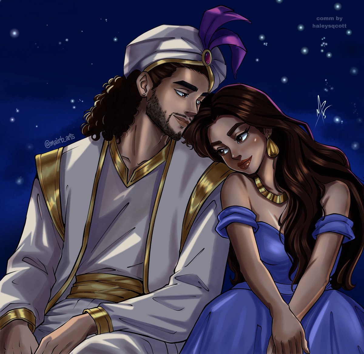haleysqcott's tweet photo. #OCcouplesweek26 | day 05: alternative universe 

“Well, there’s this girl… she’s smart, and- and fun, and…”
“Pretty?”
“Beautiful! She’s got these eyes that just… and this hair, wow, and her smile? ah…” 

tuckerbrina as aladdin and jasmine. https://t.co/6lbjjYmkLB