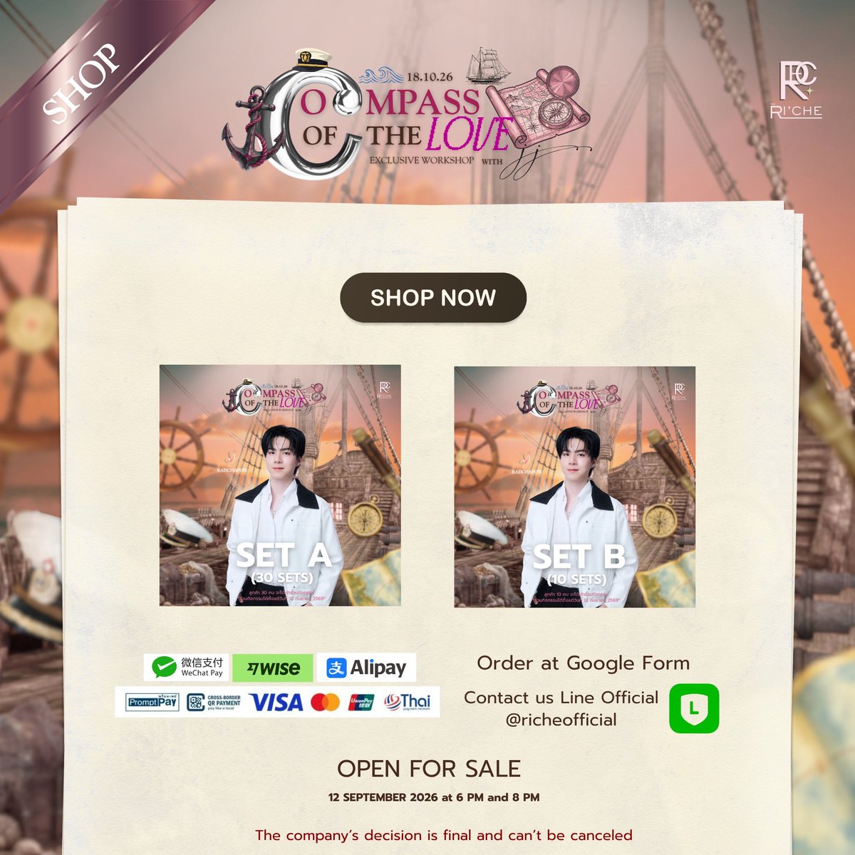 Riche_biome's tweet photo. อัพเดท สำหรับกิจกรรม  Compass of the Love exclusive workshop with JJ 🧭💖

⚓️SET A 30 ท่าน = available 21

⚓️SET B 10 ท่าน = available 8

สอบถามรายละเอียดเพิ่มเติมได้ที่ (More detail ) 
Line Official : @richeofficial
X : Riche_biome
Wechat ID : RICHEBIOME

#jj_rcp
#richebiome 
#ริชเช่ไบโอม