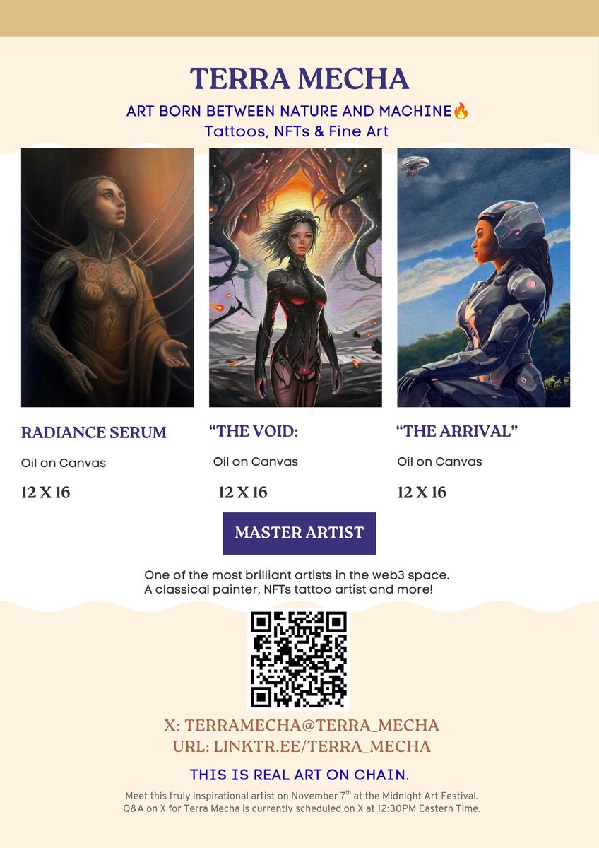 ArtForceNIGHT's tweet photo. Artist Highlight @terra_mecha 

One of the most talented artists in the web3 space is here🙌🏻 You know and love his NFTs &amp; tattoos but check out these oil paintings 🖼️ 

Excited to chat with all things Terra at the @MidnightNtwrk Art Federal, Nov 7 🎨 https://t.co/LSM2AIHHxF