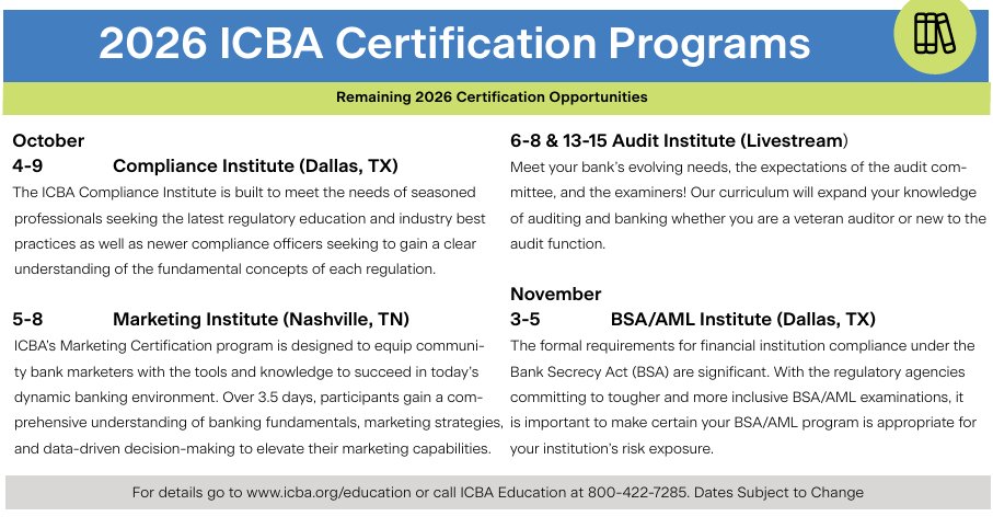 IBofSC's tweet photo. Don't miss these great opportunities to earn your certification(s) in 2026 with the IBSC/ICBA Education partnership! Register for 2026 ICBA Certification Programs at: https://t.co/reizlFB4wr https://t.co/08D7gw5VDV