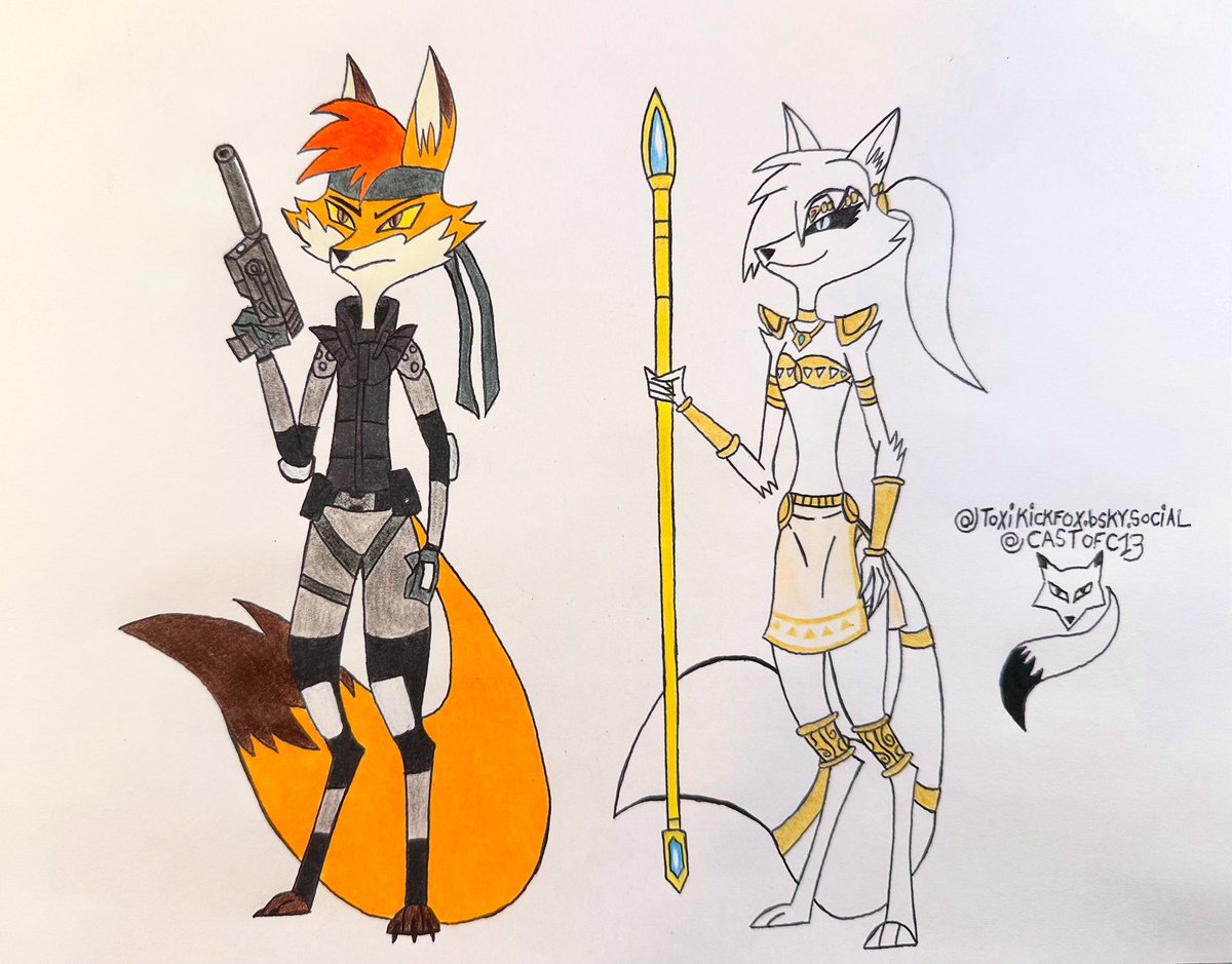 CastOfC13's tweet photo. Happy spooky month🎃 today I drew my two of my OCs Having a early cosplay for this years Halloween
Toxi as Solid Snake from metal gear solid
Xara as Krystal from Star Fox Adventures
#helluvabossocs #Inktober #Inktober2026 https://t.co/er7dPjmYsi