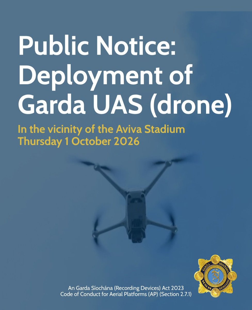 GardaTraffic's tweet photo. An Garda Síochána will be deploying Garda UAS (drones) in the vicinity of the Aviva Stadium this evening, in support of the policing operation associated with the UEFA Nations League game between Republic of Ireland and Austria. 

#KeepingPeopleSafe https://t.co/zVsCSjvaE4