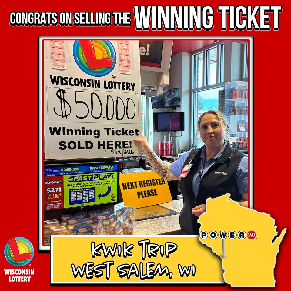 wilottery's tweet photo. #WILotteryAuthorizedRetailer

Looks like taking a trip to 341 Jefferson Street in West Salem was the ultimate power move.

Kwik Trip, a Wisconsin Lottery retailer in #WestSalem sold a winning $50,000 Powerball ticket to a customer.

Congrats Kwik Trip on selling the winning ticket. 

#WelcomeToWINsconsin