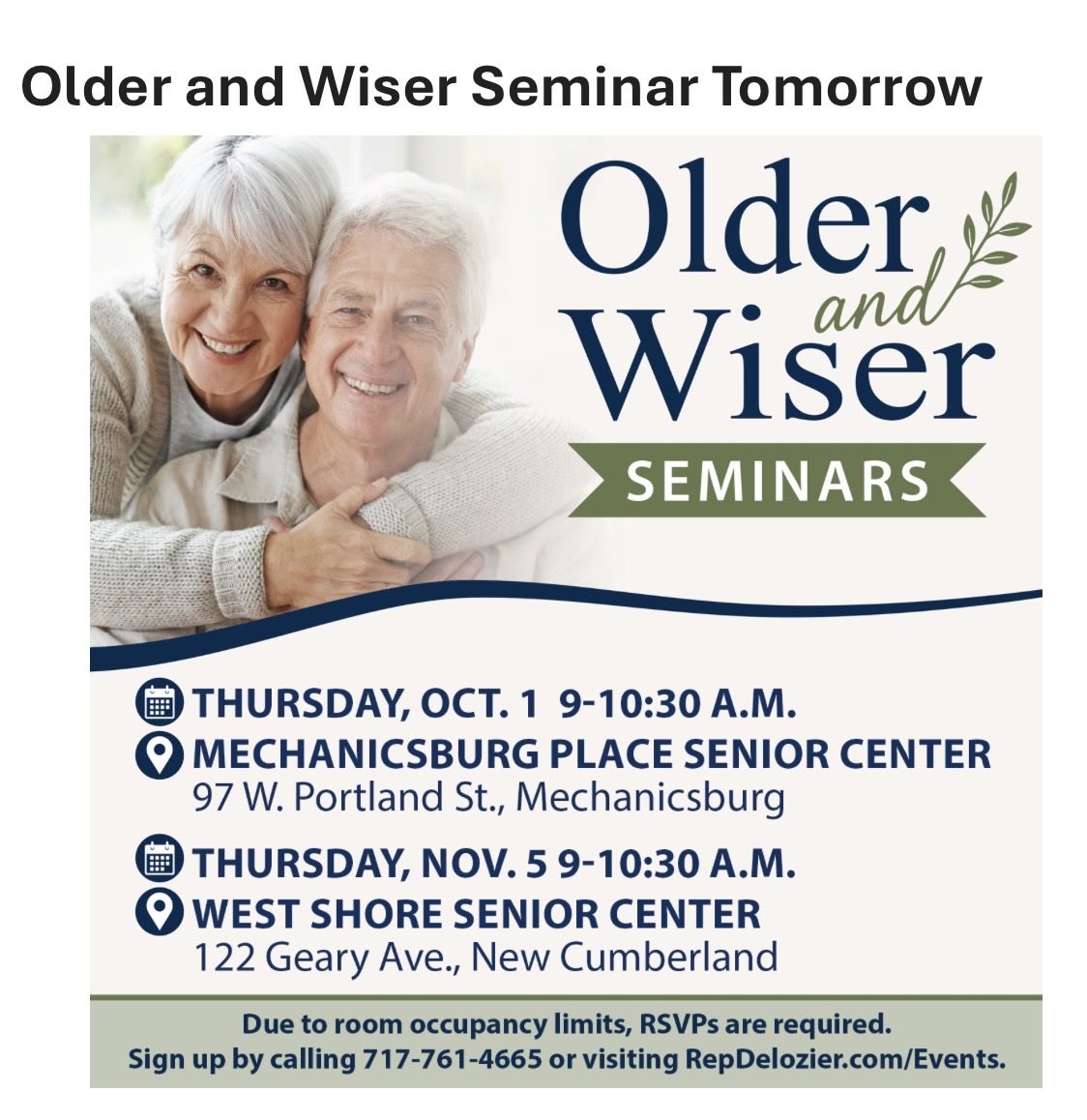 RepDelozier's tweet photo. I had my 1st Older &amp; Wiser session on Estate packages, Wills, Power of Attorney &amp; Living Wills with attorneys at MidPenn Legal Services. TY to Mech Place Senior Center in Mech Boro for hosting. We had a great turn out, we will have another one Nov 5th in NC Boro. @MessiahLifeways https://t.co/RkFPKL9I2T