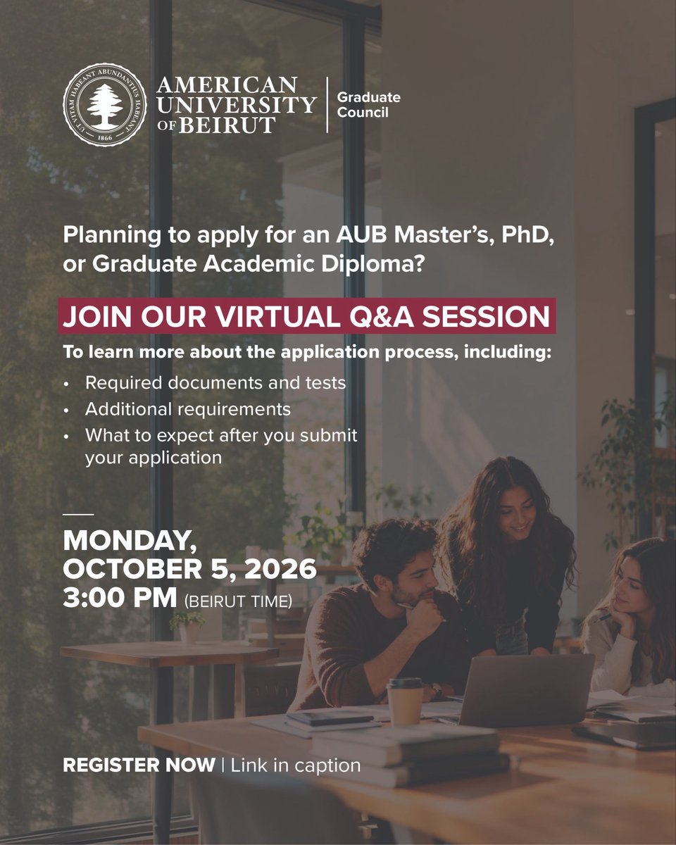 AUBGradCouncil's tweet photo. Considering graduate study at AUB?

Join the Graduate Council support session to learn more about the application process, get helpful guidance, and have your questions answered directly.

Register: https://t.co/kPGA9bQsS7⁠￼

Join the session: https://t.co/vvPqnbvg1r⁠￼

#aub https://t.co/mBqe93ORJM