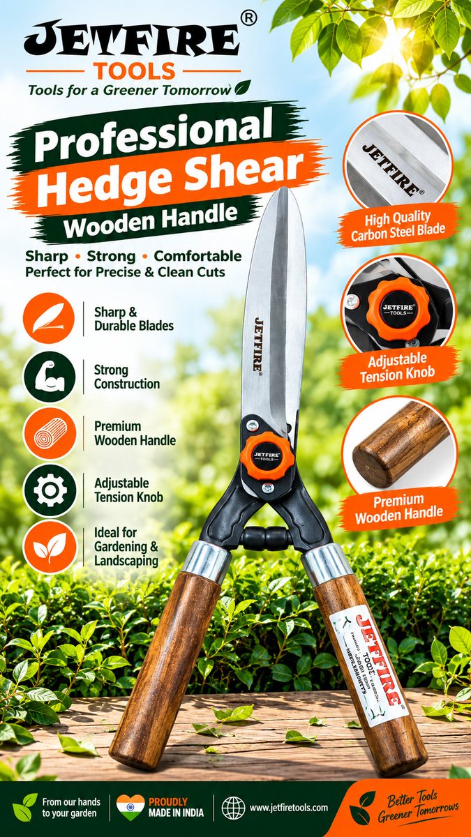 JetFireTools's tweet photo. ✂️🌿 JetFire Tools Professional Hedge Shear – Wooden Handle 🌿✂️

#JetFireTools #ProfessionalHedgeShear #WoodenHandleHedgeShear #HedgeShear #HedgeTrimmer #GardeningTools #GardenTools #GardenMaintenance #HomeGardening #GardeningIndia #LandscapeTools #PlantCare #GardenEssentials https://t.co/S66WcR48w8
