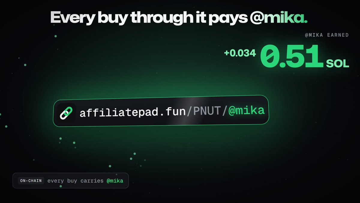 AffiliatePad's tweet photo. This is a link that pays.

https://t.co/JIhgXbaguA

Every buy through it carries @mika on-chain. Every buy pays @mika. https://t.co/S9IuE33dIZ