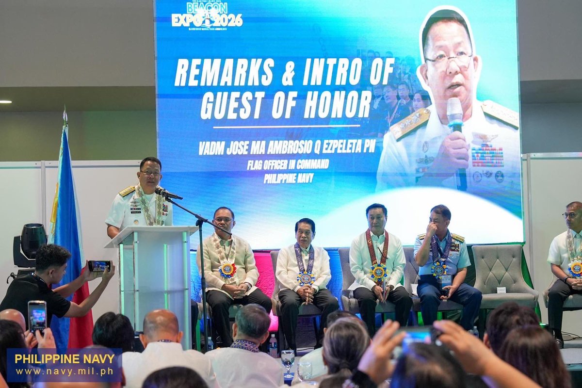 Philippine_Navy's tweet photo. IN PHOTOS | #PHNavy Showcases Maritime Capabilities at BEACON 2026
The Philippine Navy, led by Flag Officer in Command, Vice Admiral Jose Ma Ambrosio Q Ezpeleta PN, participated in the Blue Economy Annual Trade and Conference (BEACON) 2026, held from September 29 to October 1, 2026, at the SMX Convention Center, Mall of Asia Complex in Pasay City.
For the fourth time, the Navy showcases its modernization efforts and innovations through photo exhibits, static and miniature displays, and presentations featuring modern assets and equipment, capability developments, and the Self-Reliant Defense Posture (SRDP) projects.
BEACON 2026 brings together various stakeholders from the maritime industry and sea defense sector, highlighting their respective assets, equipment, programs, technologies, and capabilities.
PN @128: Modern and Ready, Strong and Steady — Credible in Mission, Always Mission-Ready
#ProtectingtheSeasSecuringOurFuture
#ModernMultiDomainSelfReliantCrediblePartner
#PN128AlwaysMissionReady
#OneAFPOnePhilippines
#StrongAFPStrongPhilippines
#MatatagNaSandigan
#AFP90
