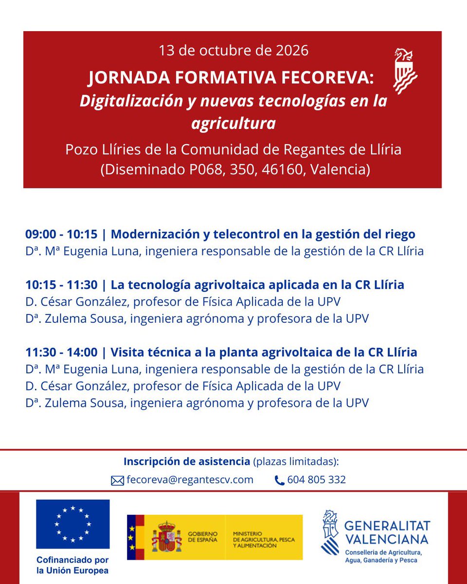 fecoreva's tweet photo. 📌💧 Jornada formativa a Llíria sobre digitalització i noves tecnologies a l'agricultura.

➡️📚 Aquesta activitat es desenvolupa dins de les ajudes per a la transferència de coneixements de la PAC 2023-2027.

✍🏼📩 Inscripcions en el correu fecoreva@regantescv.com https://t.co/EBXaKLutTw