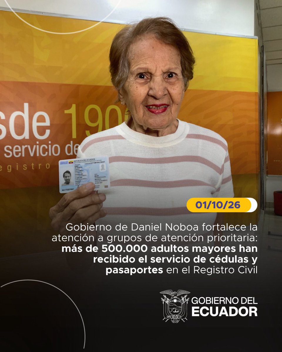 RegistroCivilec's tweet photo. El Gobierno Nacional, a través del Registro Civil, fortalece la atención a los grupos de atención prioritaria. Entre 2025 y 2026, más de 500 mil de adultos mayores han recibido el servicio de cédula y pasaporte con atención preferencial, cálida y ágil.
https://t.co/ZesGkfd2NM https://t.co/0EIzUqBwIw