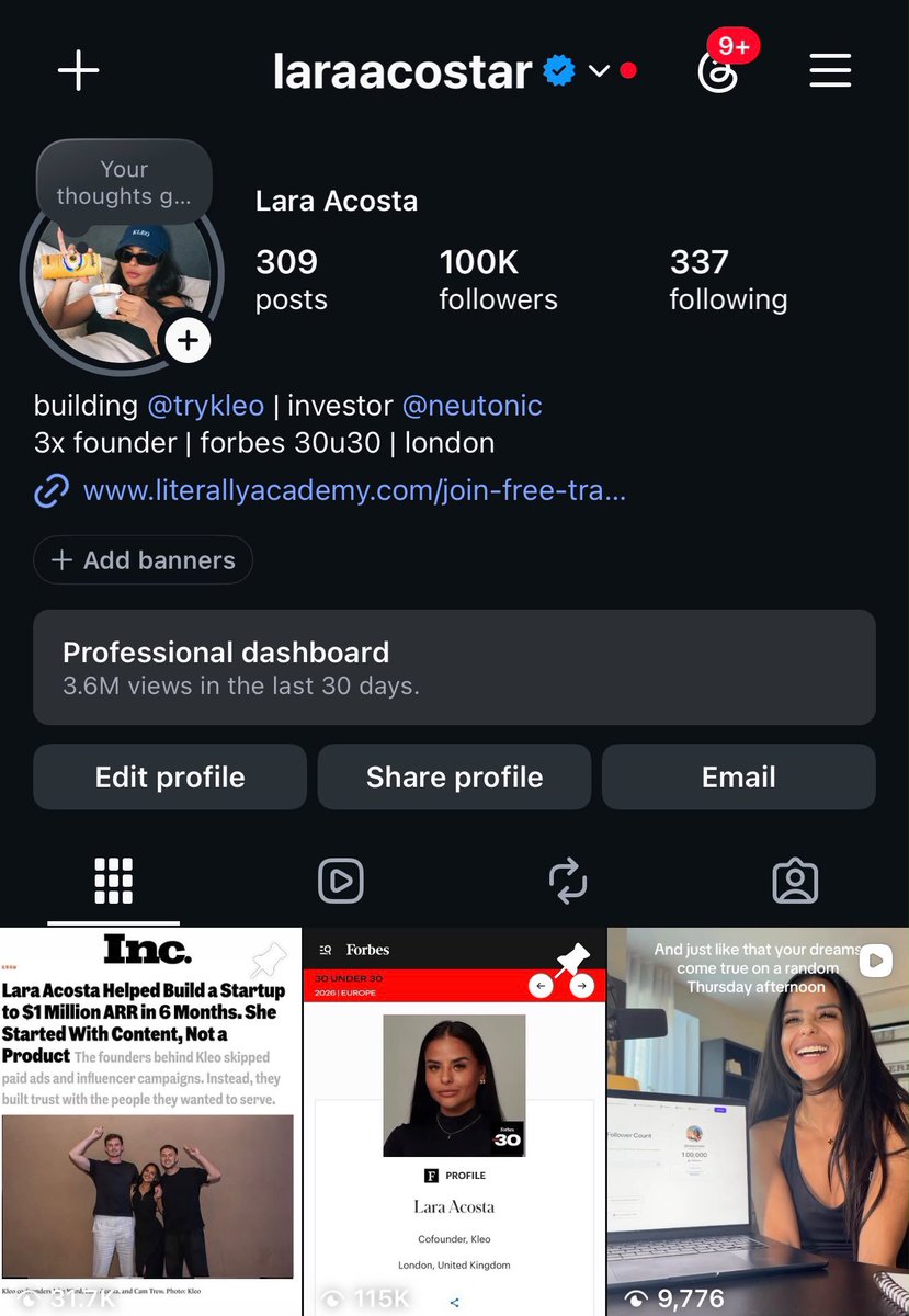 Laraacostar's tweet photo. Just crossed 100k  andgot 3.6M+ views on Instagram. 20k followers gained in the last 7 days... insane!

Some thoughts on this:

There are 2 games you can play on any platform: quantity or quality.

On LinkedIn, I overindex for quality. 4x posts a week, detailed and structured. Nearly perfect. 

It get's me 10k~ followers a month regardless of algo changes, and got me to 360k there.

I tried to play the exact same game on IG. 

It didn't work. Nothing that i'm about to say is novel, revolutionary or crazy insightful, but... 

The moment I started posting 2x a day.

Post 1: Widest TAM (relationships, jokes, etc)
Post 2: Niche Education (Biz, LinkedIn + content)

I grew 10x more because of volume, but also the goals of each post.

Some other basic things that I just needed to do rather than say "yeah i know" and go on and not do them: 

Trial reels: Gotten 1,000+ followers from 1 single trial reel and posted on main which made that 3,000+ new followers for the same post. 

Pattern recognition: Volume game can't be played if you don't know what good content looks like, so it's not post 2x a day and you'll grow...

It's more like post 2x a day with content that has proven to perform across other platforms and reduce the ideation/creation part. 

And the last thing I will say, It wasn't "easy". 

In general I've spent at least 3-4hrs a day looking at content, scripting some of it, getting ideas, shooting it and more "research" scrolling. 

And also someone pissed me the fuck up telling me that because i didn't have 100k on ig i couldn't do x or y AND TRYING TO GIVE ME BRAND ADVICE LIKE SORRY?

Actually ginore everything that I just said, just find someone to piss you off and you'll be at 100k tomo x

Also:

The teams across  @trykleo and my other businesses gave me 60 days to try and scale it up and I delivered while they just held it down with ops. 

Time to now turn this into a conversion engine for our saas! 

I'll prob do a detailed breakdown on the strategy in itself once I can fully articulate it and have a bit more time!