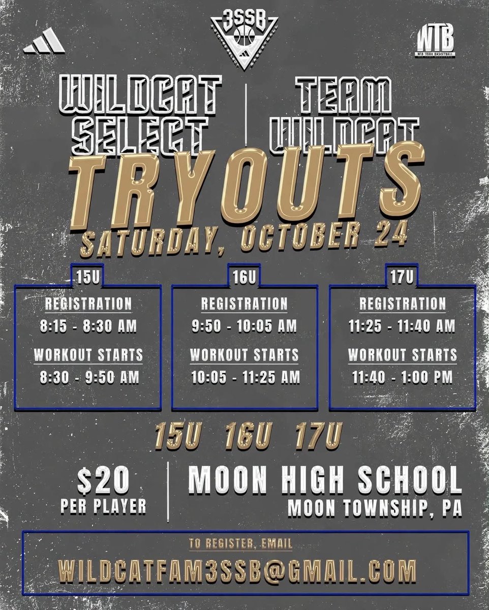 WildcatSelect's tweet photo. 🚨WILDCAT SELECT HIGH SCHOOL TRYOUT🚨 

📍 Moon Area HS | 8353 University Blvd Moon Township, PA 15108
📅 Saturday, October 24th 
⏰ 15U: 8:30-9:50 AM
⏰ 16U: 10:05-11:25 AM 
⏰ 17U: 11:40–1:00 PM 

TO REGISTER: wildcatfam3ssb@gmail.com
(Include: First + Last Name, Grade, HS) https://t.co/xEL2cOP9cf