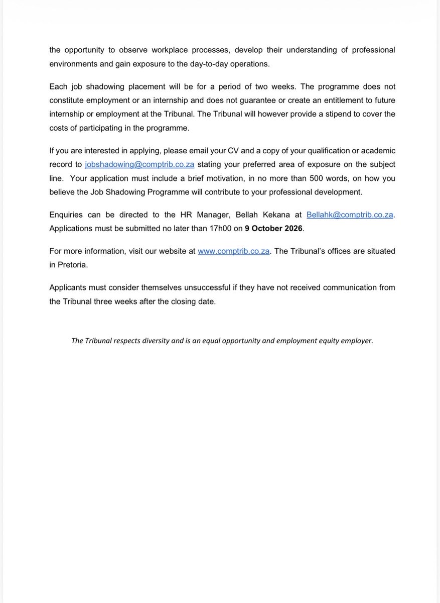 comptrib's tweet photo. 🔔Competition Tribunal Job Shadowing Programme🔔

Explore the work of the Competition Tribunal and gain valuable workplace exposure in your area of interest. Observe professionals in action, develop your understanding of the workplace and gain insight into potential career opportunities. Details attached: