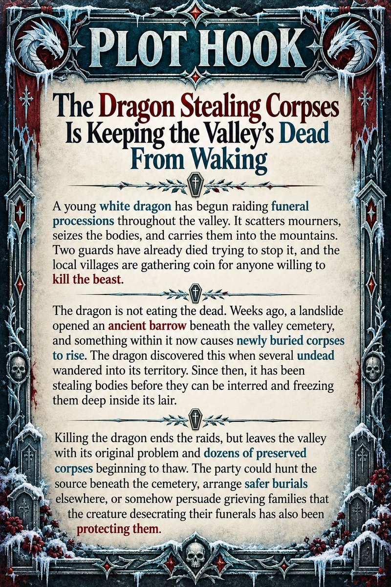 OneManRPGstudio's tweet photo. Plot Hook #10

Find this and many more Plot Hooks at One Man [RPG] <studio>:

https://t.co/wnGocHCo2B

#dnd #dnd5e #dungeonsanddragons #ttrpg #dungeonmaster #dndhomebrew #PlotHook https://t.co/i5aXBtdkdi