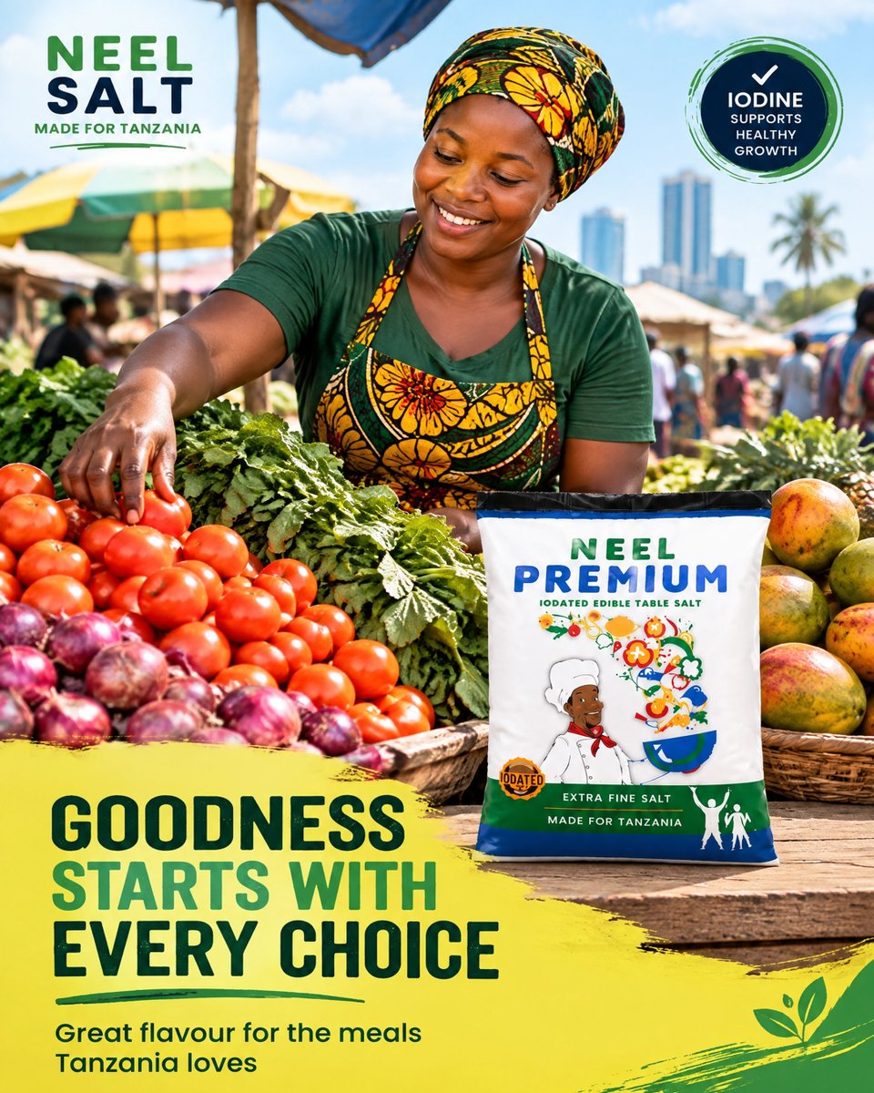 NeelSalt's tweet photo. Goodness starts with every choice. Bring great flavour and trusted iodine-fortified nutrition to the meals Tanzania loves with Neel Salt.

#NeelSalt #NeelioDineSalt #MadeForTanzania #GreatFlavour #IodineFortified #TanzanianBrands #EverydayGoodness #HealthyChoices https://t.co/FlVKxyW9gv