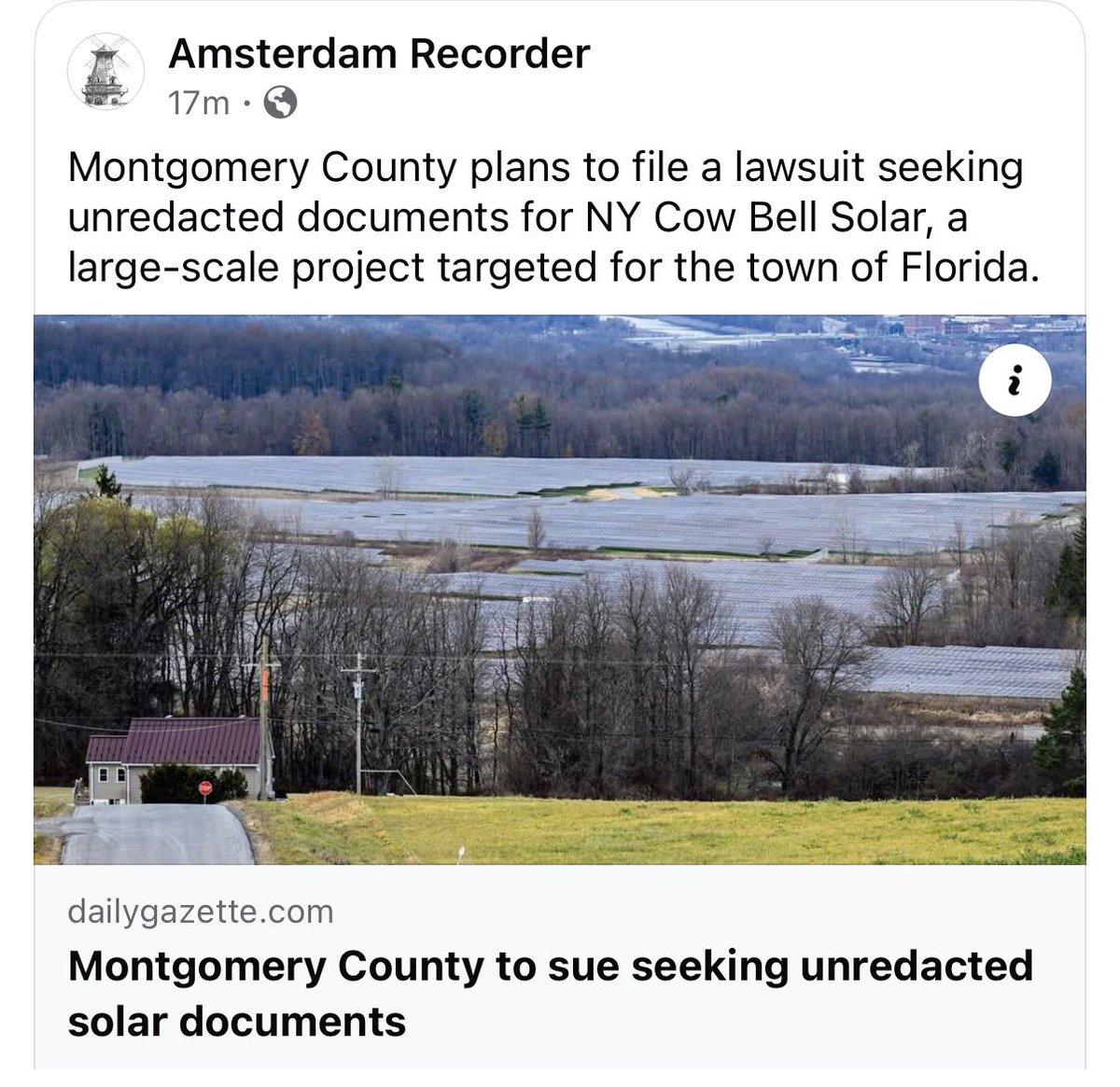 alex_fasulo's tweet photo. It is NOT normal or commonplace for a county attorney to have to sue the state, multiple times, in defense of the people, the land, and local economies within that county.

Meghan M Manion is doing what no other county attorney has done in New York State to date. She is suing to protect the people inside of Montgomery County, which has been sited for over 18,000 acres of commercial solar through the Office of Renewable Energy Siting.

Now, she is filing a lawsuit seeking unredacted copies of studies and materials for a large-scale solar project (Cow Bell Solar) planned in the town of Florida.

ORES engages in back-door conversations with the solar developers long before the county, towns, and public are allowed to weigh-in. By then, it's already a done deal.

Montgomery County is trying to pre-empt that here and force the disclosure of information that's going to impact the Town of Florida - and beyond - forever.

As Meghan says in this article:

“It is arbitrary and capricious to say that we can have the documents later, but not now,” Manion said. “We are a municipal entity and this involves a project that's occurring in our boundaries that active conversations are occurring on between New York State and the solar developer and we would like to see unredacted documents to know how this is going to impact our local laws.”