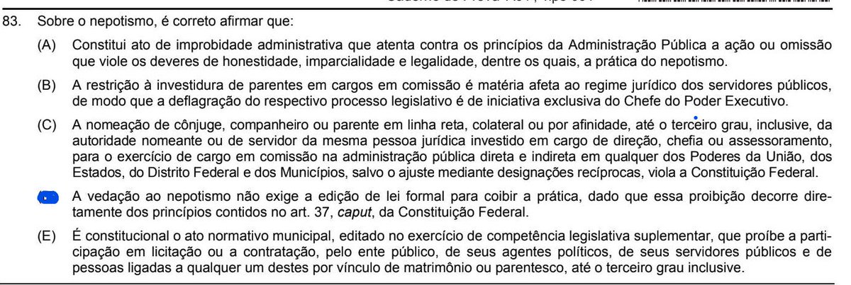 hackanconcurso's tweet photo. FCC- PGE MT - 2025

A vedação ao nepotismo não exige a edição de lei formal para coibir a prática, dado que essa proibição decorre diretamente dos princípios contidos no art. 37, caput, da Constituição Federal. https://t.co/0M27PLdMpn