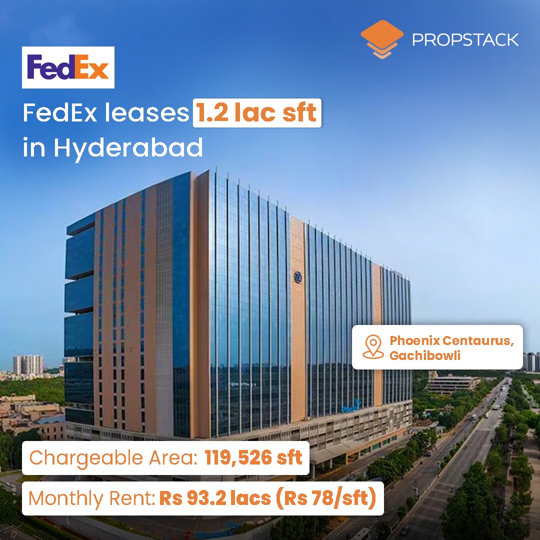 PropstackIndia's tweet photo. 𝗙𝗲𝗱𝗘𝘅 𝗲𝘅𝗽𝗮𝗻𝗱𝘀 𝗶𝘁𝘀 𝗛𝘆𝗱𝗲𝗿𝗮𝗯𝗮𝗱 𝗳𝗼𝗼𝘁𝗽𝗿𝗶𝗻𝘁 𝘁𝗼 𝟯.𝟳𝟬 𝗟𝗮𝗸𝗵 𝘀𝗾. 𝗳𝘁. 𝗮𝘁 𝗣𝗵𝗼𝗲𝗻𝗶𝘅 𝗖𝗲𝗻𝘁𝗮𝘂𝗿𝘂𝘀.

Global logistics and supply chain giant FedEx has deepened its operational presence in Hyderabad's prime IT corridor. FedEx Express Transportation and Supply Chain Services (India) Private Limited has executed a fresh lease transaction spanning 1,19,526 sq. ft. of chargeable area on the 17th floor of Phoenix Centaurus, Manikonda/Gachibowli.

Over a 5-year lease tenure, the transaction represents a total rental commitment of ~₹55.57 Cr, backed by an initial security deposit of ₹8.39 Cr.

𝗞𝗲𝘆 𝗗𝗲𝗮𝗹 𝗜𝗻𝘀𝗶𝗴𝗵𝘁𝘀:
🔹 Lessor: Athena Global Technologies Limited
🔹 Lessee: FedEx Express Transportation and Supply Chain Services (India) Private Limited
🔹 Asset: Phoenix Centaurus, Manikonda / Gachibowli, Hyderabad
🔹 Chargeable Area: 1,19,526 sq. ft.
🔹 Monthly Rent: ~₹93.23 Lakhs (₹78/sq. ft./month)
🔹 Lease Tenure: 5 Years

📊 𝗣𝗼𝗿𝘁𝗳𝗼𝗹𝗶𝗼 𝗦𝗰𝗮𝗹𝗲 & 𝗖𝗮𝗺𝗽𝘂𝘀 𝗖𝗼𝗻𝘀𝗼𝗹𝗶𝗱𝗮𝘁𝗶𝗼𝗻 This transaction highlights continued large-format office space absorption and institutional tenant commitment within the IT/ITES SEZ corridor.
🔹 Existing Footprint: ~2.50 Lakh sq. ft. operational space
🔹 Fresh Expansion: 1,19,526 sq. ft. added to support ongoing operations 
🔹 Total Campus Footprint: Increases FedEx’s consolidated occupancy at Phoenix Centaurus to ~3.70 Lakh sq. ft.

As global enterprises continue to anchor and scale their capability and support centers in India, institutional-grade commercial developments in Hyderabad maintain steady leasing momentum driven by footprint additions and campus consolidations.

Media coverage:
HT: https://t.co/mnhbYjsePF