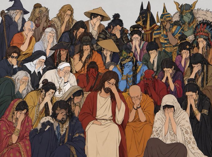A central Jesus figure sits among a diverse crowd of historical, mythological, and pop culture characters—including Gandalf, Anubis, and samurai—nearly all covering their eyes or faces in reaction to the post's playful suggestion of witnessing "what happened."