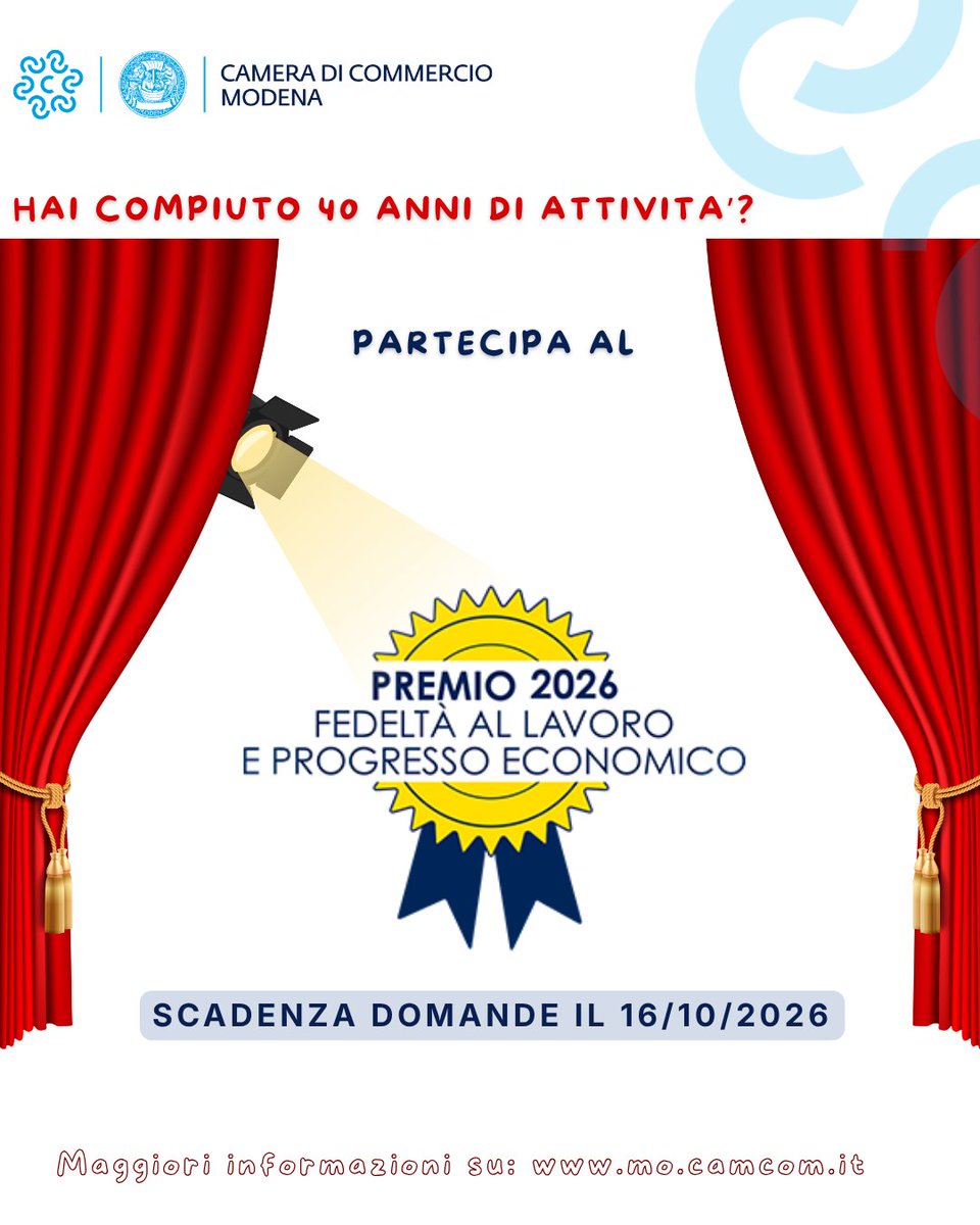 CamComModena's tweet photo. 🏆 Al via il Premio "Fedeltà al lavoro e Progresso Economico 2026".
Riconoscimento a imprenditori e imprese modenesi con 40 anni di attività.
⏳ Domande entro il 16 ottobre 2026: https://t.co/AZLJ7GY1yL https://t.co/aq0nErvuLC