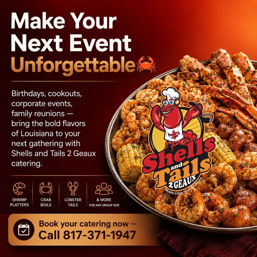 ShellsNTails2Go's tweet photo. Make your next event unforgettable! π¦π¦π
Let us handle the food while you celebrate! π² Book your catering now: Call 817-371-1947!
π 324 E. Beltline Rd., DeSoto, TX
π https://t.co/dekY8vB9IV
#ShellsAndTails2Geaux #CateringServices #DFWCatering #CajunCatering https://t.co/t3GegibUe1