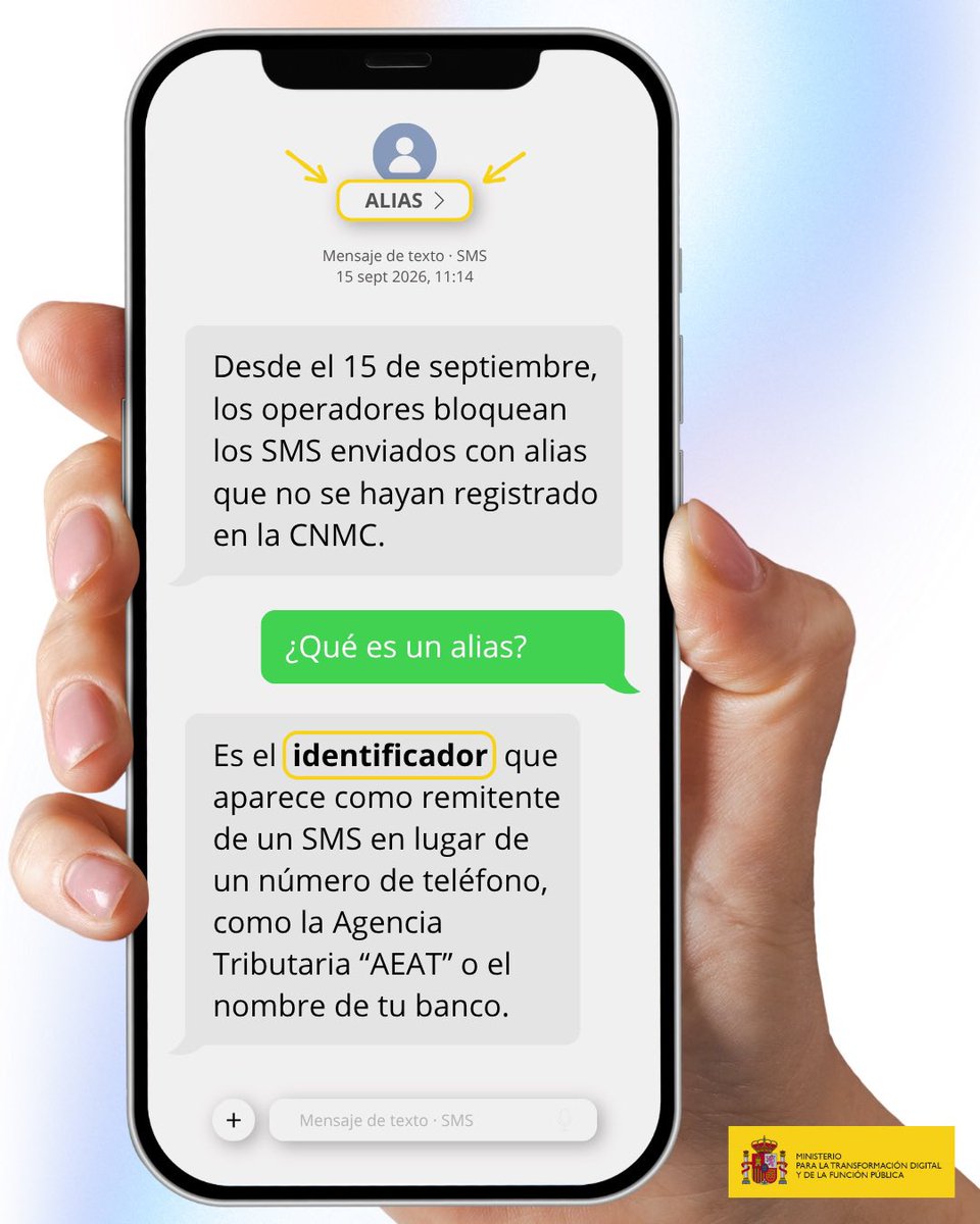 mintradigital's tweet photo. 📱 Ya está en marcha la última medida del Plan anti estafas telefónicas: el registro oficial de alias para enviar SMS.

🚫 Los operadores están bloqueando los SMS que usen alias no registrados para que puedas identificar mejor las estafas y protegerte de estos fraudes. https://t.co/yOtQ6lgp45