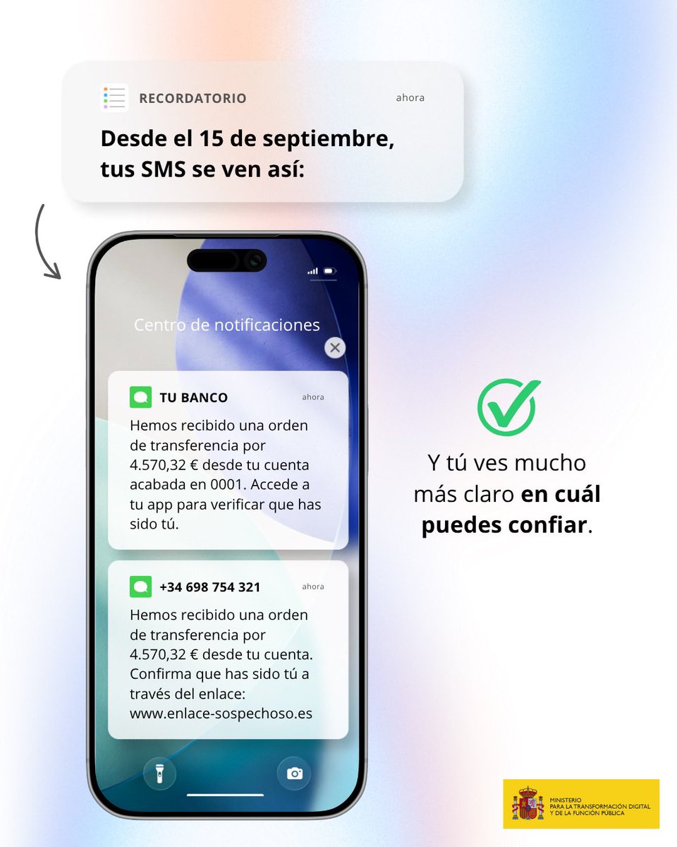 mintradigital's tweet photo. 📱 Ya está en marcha la última medida del Plan anti estafas telefónicas: el registro oficial de alias para enviar SMS.

🚫 Los operadores están bloqueando los SMS que usen alias no registrados para que puedas identificar mejor las estafas y protegerte de estos fraudes. https://t.co/yOtQ6lgp45