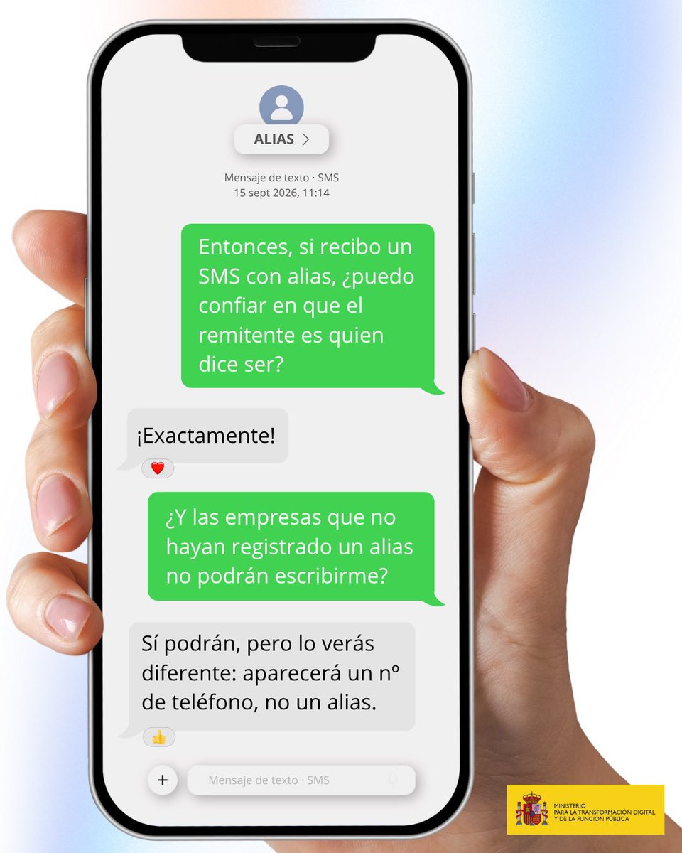 mintradigital's tweet photo. 📱 Ya está en marcha la última medida del Plan anti estafas telefónicas: el registro oficial de alias para enviar SMS.

🚫 Los operadores están bloqueando los SMS que usen alias no registrados para que puedas identificar mejor las estafas y protegerte de estos fraudes. https://t.co/yOtQ6lgp45