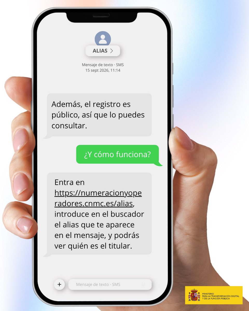 mintradigital's tweet photo. 📱 Ya está en marcha la última medida del Plan anti estafas telefónicas: el registro oficial de alias para enviar SMS.

🚫 Los operadores están bloqueando los SMS que usen alias no registrados para que puedas identificar mejor las estafas y protegerte de estos fraudes. https://t.co/yOtQ6lgp45