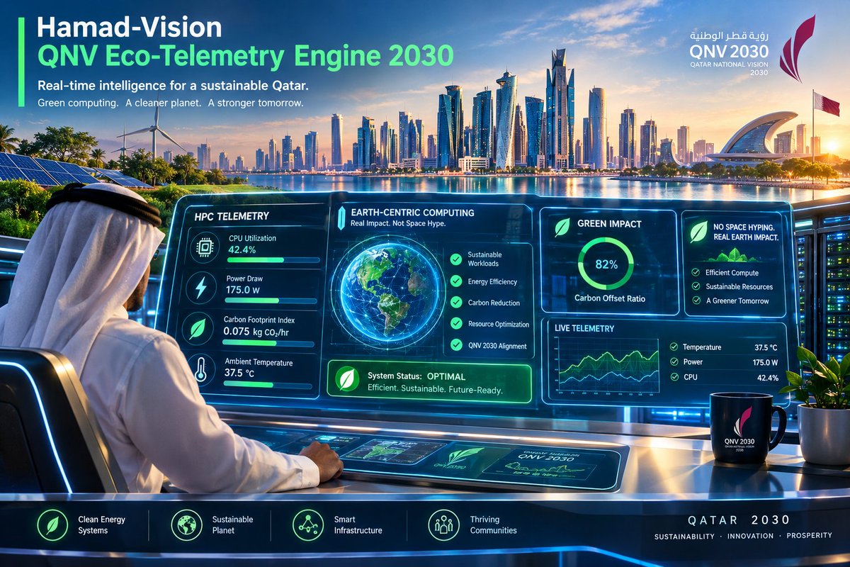 MazedAbdul4j's tweet photo. 🚀 Proud to unveil the QNV-2030 Eco-Telemetry Engine, driving real-time intelligence for a sustainable Qatar[cite: 1].
💻 Merging high-performance computing with earth-centric design to ensure efficient workloads, carbon reduction, and green infrastructure[cite: 1]. https://t.co/kCMPAqN0y1