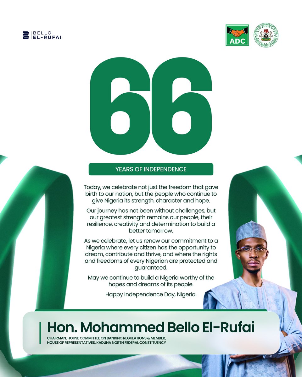 B_ELRUFAI's tweet photo. Today, as we mark 66 years of independence, we celebrate Nigeria as a nation of enormous potential, resilient people and a future that is still ours to build. Independence gave us the responsibility to determine our own destiny. 66 years later, that responsibility remains with us. But we must also be honest about where we are. For millions of Nigerians, the promise of independence is weighed down by insecurity, unemployment and the rising cost of living. Families are struggling to afford food and basic necessities, while parents worry about the safety and future of their children.

In Borno State, children abducted from their communities remain in captivity, while their parents continue to wait, pray and demand their safe return. No nation can be truly free while its children are held captive.

Our independence must mean more than the end of colonial rule. It must mean freedom from fear, freedom from extreme poverty, safe schools for our children, opportunities for our young people, and the protection of the rights, dignity and freedoms of every citizen.

Nigeria has enormous challenges, but we are not without hope. Our greatest strength remains our people, resilient, hardworking and determined to build a better country. But resilience should never become an excuse for government failure.

The Federal Government must match the sacrifices of Nigerians with urgency, accountability and action. We must secure our communities, bring our children home, ease the burden of the cost of living, create opportunities, strengthen our institutions and protect the fundamental rights and dignity of every Nigerian.

The promise of Nigeria cannot remain a promise. I call on the Federal Government to act with greater urgency and resolve to deliver the security, dignity, freedom and opportunity that every Nigerian deserves. Happy Independence Day, Nigeria. May God continue to bless the Federal Republic of Nigeria and her people.

Signed
Hon. Mohammed Bello El-Rufai
Member. 
Kaduna North Federal Constituency
Chairman, Committee on Banking Regulations.
October 1, 2026.