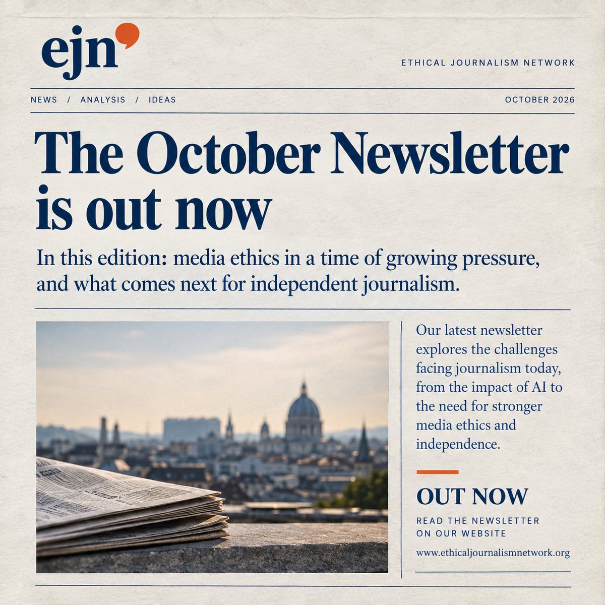 EJNetwork's tweet photo. The EJN October Newsletter is out.

This month: political pressure on journalism, editorial independence, propaganda and the Ukraine war, and the rise of influencer journalism. https://t.co/zz5yChcVC1