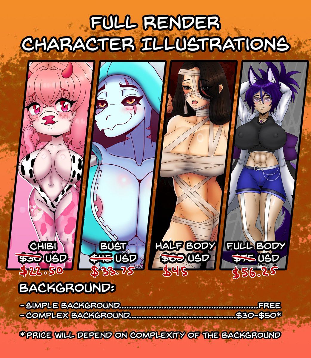ArtBubba's tweet photo. 🎃HALLOWEEN MONTH IS HERE!! 🎃

25% off on Character Illustrations, YCH's, Character Reference Sheets, and my Adoptables in VGen. 

If you would like to have your ideas come to life, feel free to shoot me a message here and we can work something out. I'll be taking 5 slots for October. :3

#VgenComm #commission #ych
#nsfw #halloween