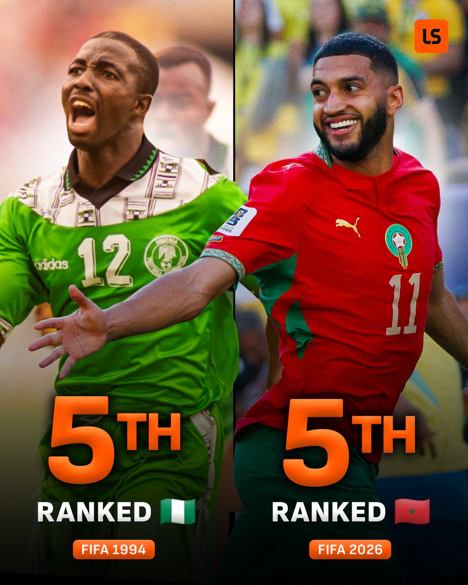 livescore's tweet photo. African football is BACK at the top table 🌍📈

Morocco have matched the highest FIFA ranking ever achieved by an African nation, last reached by Nigeria in 1994 🇲🇦🇳🇬 https://t.co/x8hsWTwfBr