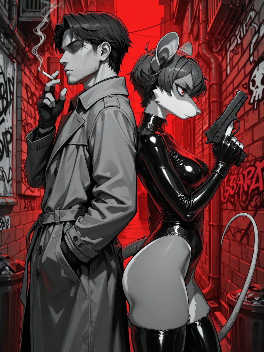 Hessu_HMOFA's tweet photo. A dynamic human-rat agent duo posing in an alley. He snoops around looking for foreign spies, she takes care of them.
#Furry #Anthro #FurryAI #FurryAIArt #AIFurryArt #AIArt #HMOFA #Rat #Leotard #Latext https://t.co/oz0SZKbvTV