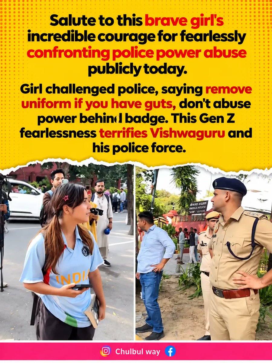Kumarjyoti49291's tweet photo. Salute to this fearless girl. Real courage is speaking truth to power.
Gen Z isn't scared. Remove the uniform if you have guts.
This is what bravery looks like - confronting power abuse without fear.
#FearlessGirl #GenZPower #BraveHeart #TruthToPower #SaluteToCourage https://t.co/x9A0cNpzLF