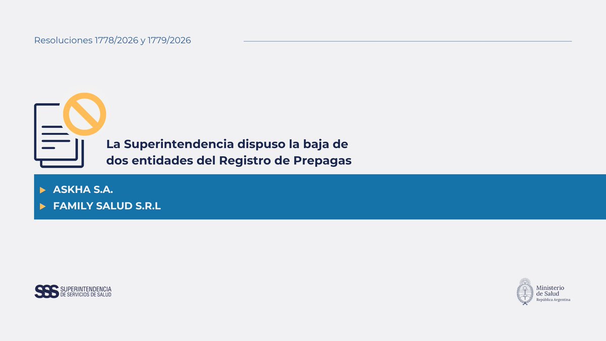 SSSALUD's tweet photo. DOS NUEVAS PREPAGAS DADAS DE BAJA DEL REGISTRO

La Superintendencia las había notificado e intimado a cumplir con la normativa, sin embargo, no presentaron la documentación exigida.

Más información 👉🏼 https://t.co/lNzuZWlRW3 https://t.co/u0acqO97ve