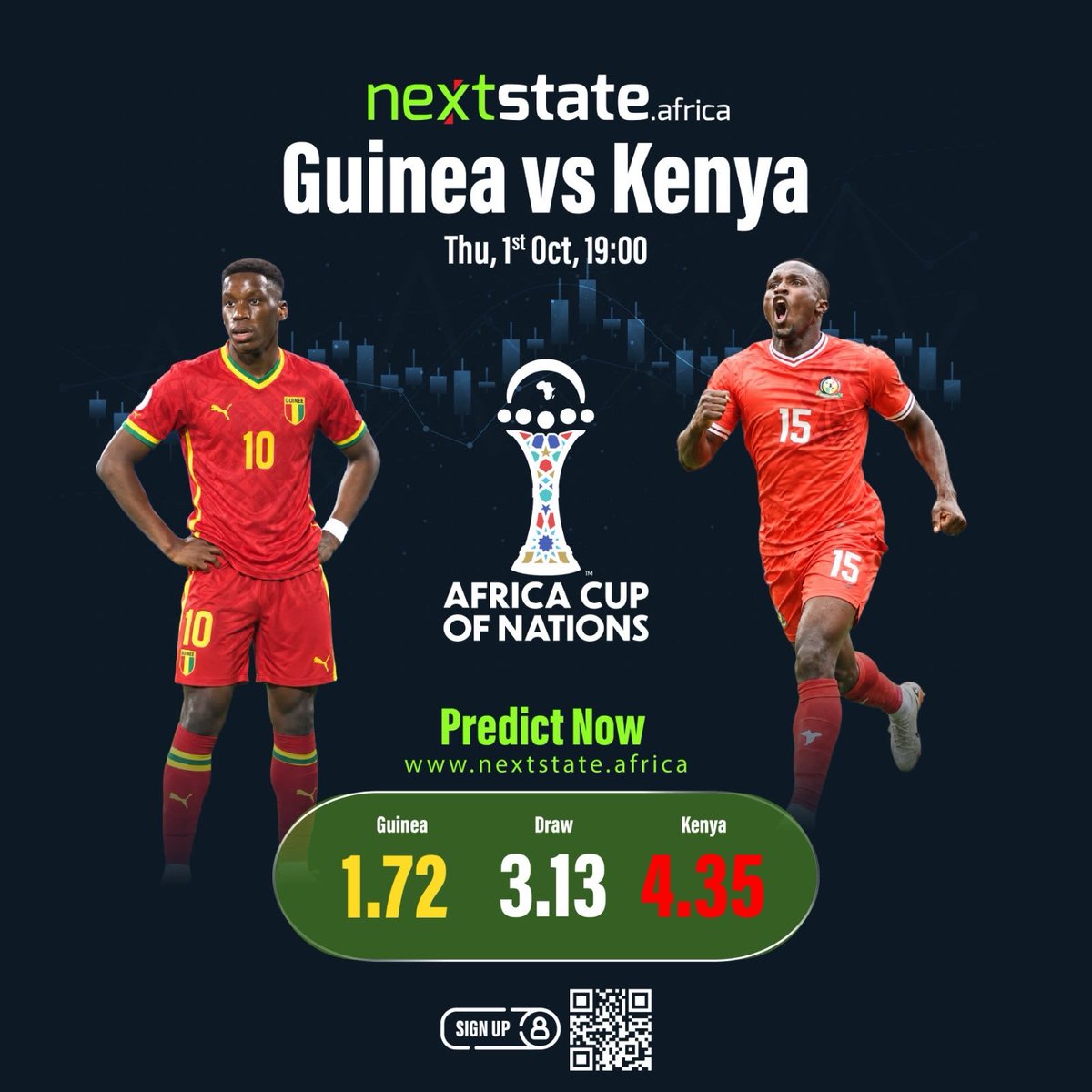 NextStateAfr's tweet photo. KENYA NI HOME BANA! 🇰🇪

Guinea 🇬🇳 vs Kenya 🇰🇪 | 7PM

The market says Guinea are favourites… 
But can the Stars shock them tonight?

What’s your call? 

🇰🇪 Kenya win | 🤝 Draw | 🇬🇳 Guinea win

Make your prediction on NextState.

 #PredictNow #HarambeeStars #GuineaVsKenya https://t.co/TebXiDaPU5