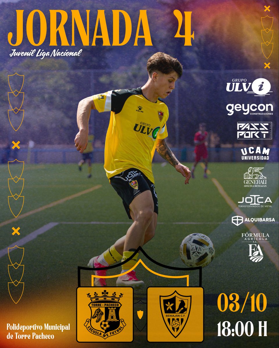 BeniajanCf's tweet photo. //JUVENIL LIGA NACIONAL//

JORNADA 4 ✅

E.F. TORRE PACHECO 🆚 JUVENIL A

🗓️ 03/10/2026

🕒 18:00 H

🏟️ Polideportivo Municipal Torre Pacheco 

CON TODO CHAVALES💛🖤 https://t.co/enEqLlVblP