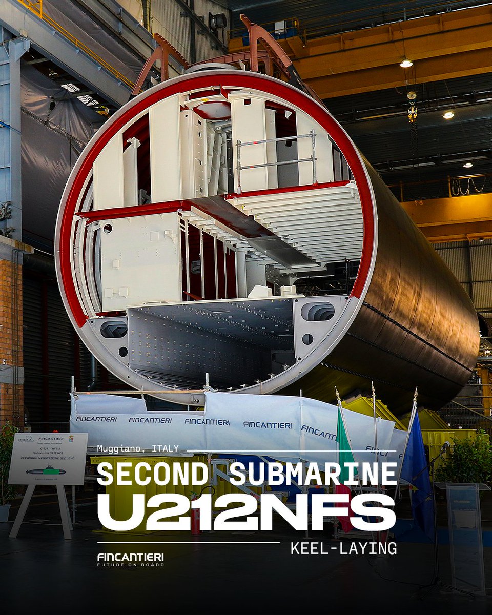 Fincantieri's tweet photo. The keel-laying ceremony for the second next-generation U212NFS (Near Future Submarine) destined for the Italian Navy was held at our Muggiano shipyard, as part of the program for the construction of four submarines and the development of the related logistic support, managed and entrusted to OCCAR (Organisation Conjointe de Coopération en matière d’Armement). Delivery of the second unit is scheduled for 2030.

The U212NFS submarines class represents a substantial evolution compared to its U212A predecessors, thanks to greater design maturity, a higher level of Italian-developed technology, and enhanced integration of onboard systems. Innovations developed by Italian industry will ensure greater stealth, endurance, efficiency, and cyber resilience. The program has also recently been strengthened through contractual integration, which has expanded activities relating to new technological capabilities and the integrated logistic support of the units. It contributes to preserving and enhancing national industrial know-how, strengthening our role as design authority and prime contractor.

The keel-laying of the second unit further confirms the strategic role of the Muggiano shipyard in the construction of platforms for the Italian Navy’s submarine force and our ability to integrate shipbuilding expertise, advanced technologies and know-how in support of the development of national underwater capabilities.

@ItalianNavy