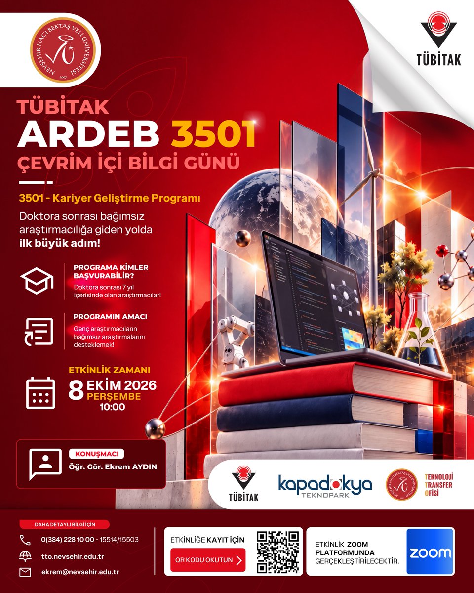 KapadokyaTekno's tweet photo. Değerli Araştırmacılar,
NEVÜ  Teknoloji Transfer Ofisi tarafından çevrim içi düzenlenecek olan, “TÜBİTAK ARDEB 3501 Çevrim İçi Bilgi Günü” etkinliğine davetlisiniz.

📅 Tarih: 08 Ekim 2026 Perşembe
 ⏰Saat 10:00
 📌Kayıt Linki: https://t.co/RcrWy1EOMI
@nevukurumsal https://t.co/uDTT40xock