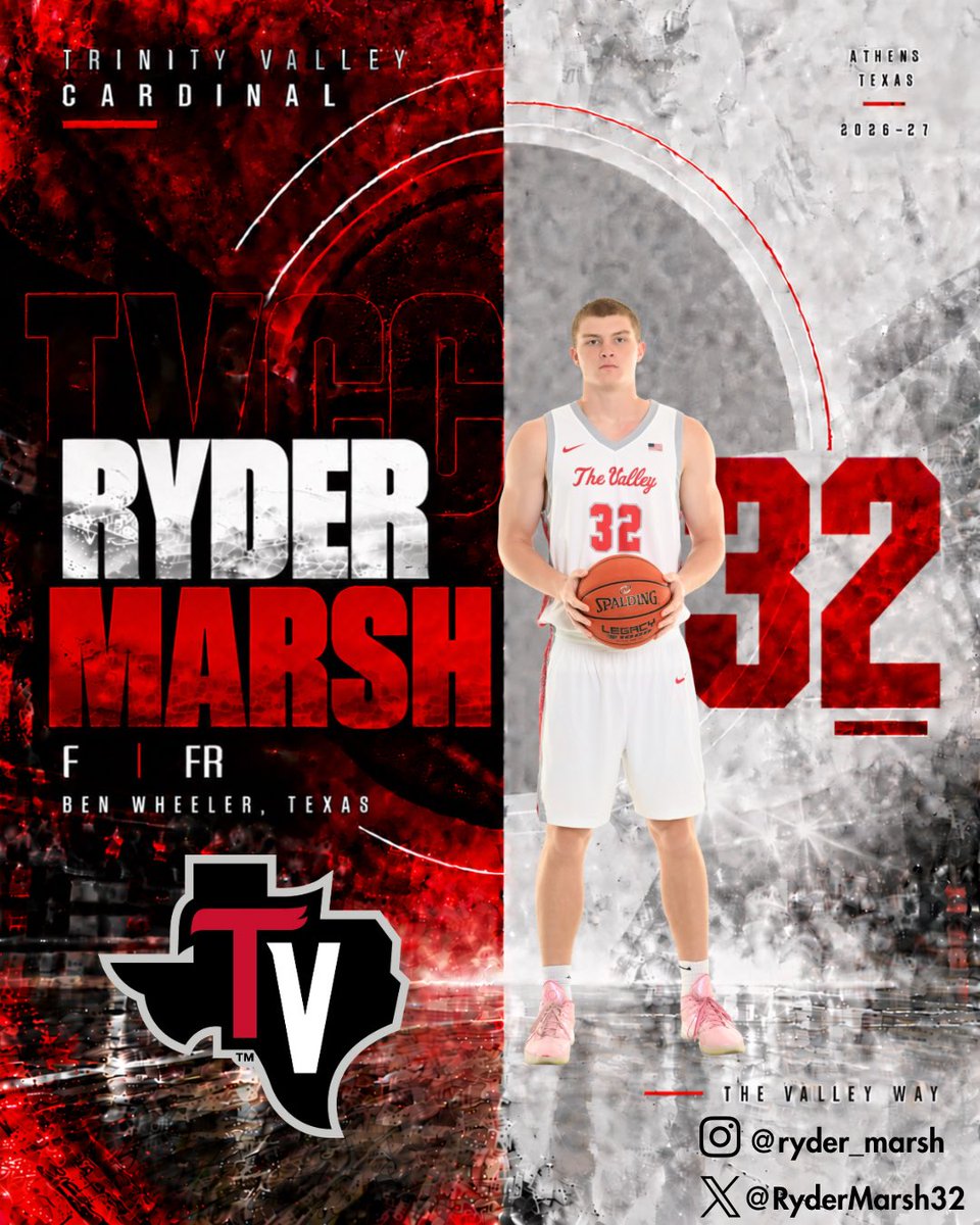 THEVALLEYMBB's tweet photo. FOLLOW THE CARDINALS🔴⚫️

Meet your 2026–27 Trinity Valley Cardinals.

Ryder Marsh @RyderMarsh32 📍
F | Freshman 
Ben Wheeler, Texas 

Get to know the players who will be representing The Valley this season and show them some love by giving them a follow! https://t.co/6udfaFP7ZG
