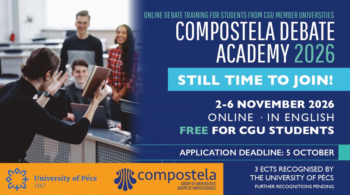 CompostelaGroup's tweet photo. 🗣️ STILL TIME TO JOIN!

Boost your debating, public speaking and critical thinking skills at the 2026 Compostela Debate Academy!

📅 2–6 Nov | 💻 Online | 🎓 Free for CGU students | 🏆 3 ECTS
⏰ Apply by 5 October!
👉 https://t.co/7nBvvLWiiF
#CGU #Debate https://t.co/ALSy7n0z9u