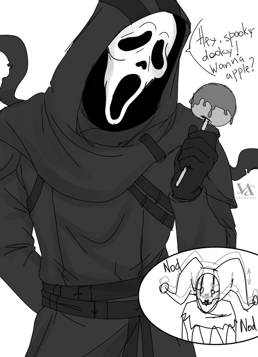 valtesart's tweet photo. and here’s day 1 of inktober!!! today’s prompt is “apple” and tbh i had a ton of ideas, but i went with a silly drawing that somehow turned into a mini comic. wraith is such a little goof, i love him in this skin

#dbdart #dbd #wraith #ghostface #deadbydaylight https://t.co/9dfZp7i63o