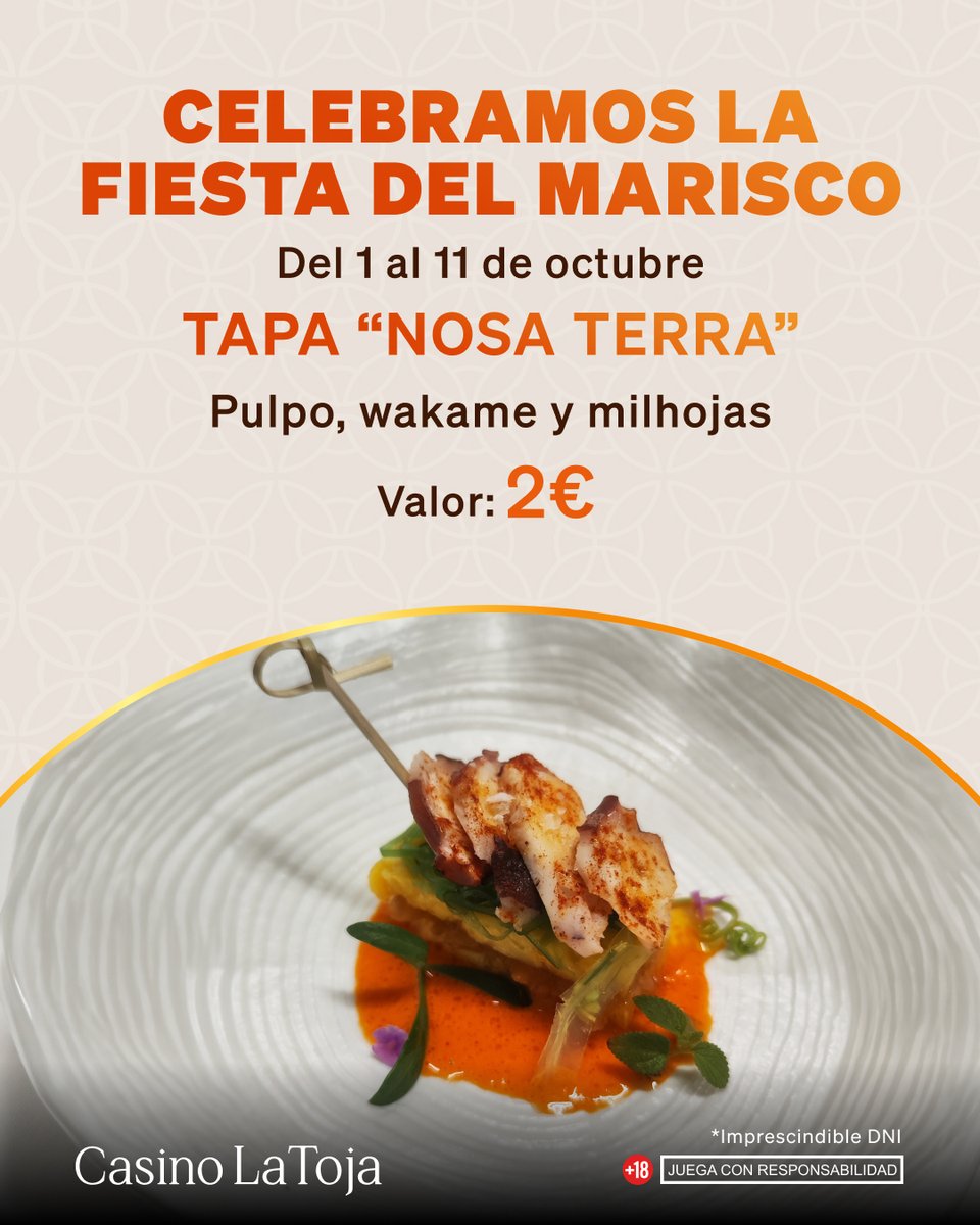 casinolatoja's tweet photo. 🦑 ¡Celebramos la Fiesta del Marisco! 🦐✨
Del 1 al 11 de octubre, en Casino La Toja disfrutammos el sabor del mar con una propuesta muy especial.
🍽️ Tapa “Nosa Terra”
Pulpo, wakame y milhojas
💶 Solo 2 €
#CasinoLaToja #FiestaDelMarisco #LaToja #Ogrove https://t.co/ELmq0hiNxF