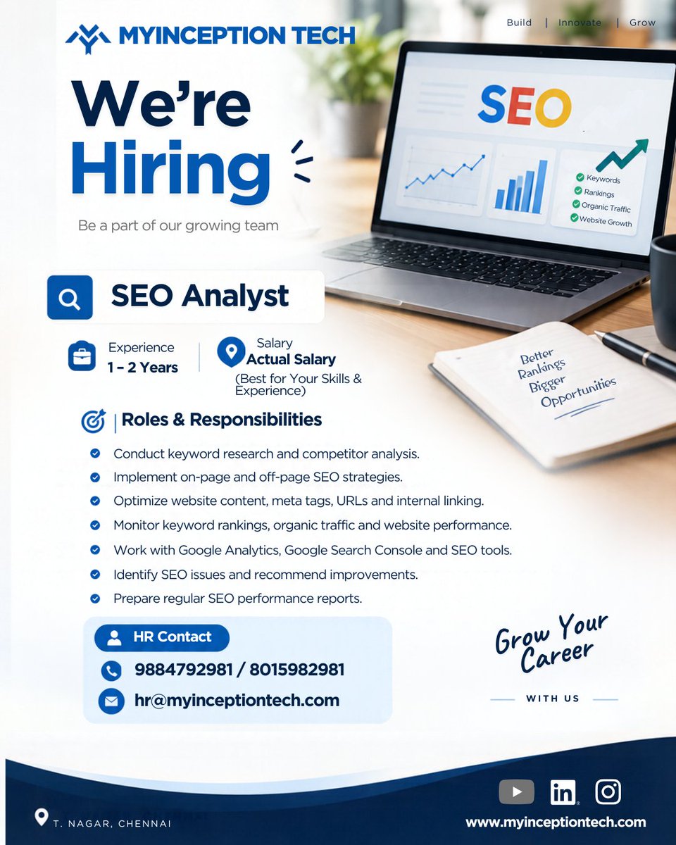 MyInceptionTech's tweet photo. 📢 We’re Hiring – SEO Executive!

Are you passionate about SEO and digital marketing?
Join our team and build your skills through real-world projects.

📩 Interested candidates can apply now!

Followed @MyInceptionTech 

#Hiring #SEOJobs #SEOExecutive #DigitalMarketingJobs https://t.co/Jo3lffmFI3