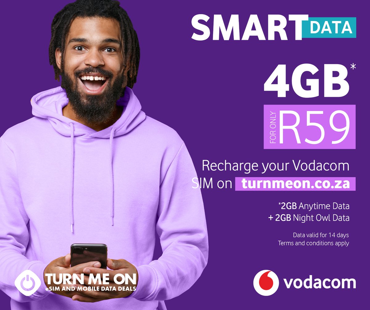 turnmeon_coza's tweet photo. 🟣4GB SMART DATA bundle for ONLY R59! 📱🟪
🟣Valid for 14 days 📱🟪
#TurnMeOn #SmartData #DataDeals https://t.co/EPbYhrUeCX