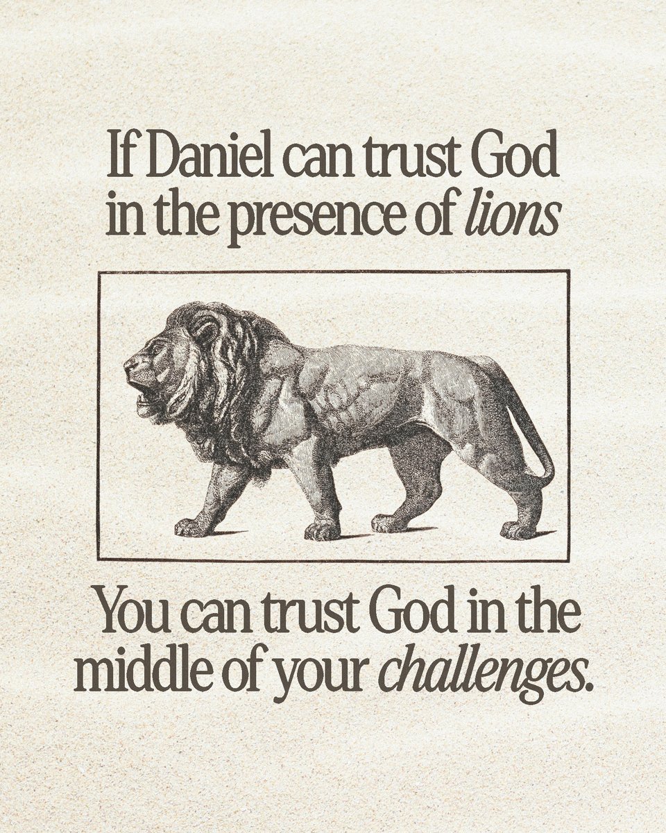 YouVersion's tweet photo. Imagine being in Daniel’s shoes.

Thrown into a den of lions because he wouldn’t stop praying.

Daniel knew the cost of continuing to pray—but he trusted God.

And he trusted God in the face of the lions.

What would that kind of trust—that kind of faith—look like in your life? Let us know in the comments! 

“𝘚𝘰 𝘋𝘢𝘯𝘪𝘦𝘭 𝘸𝘢𝘴 𝘵𝘢𝘬𝘦𝘯 𝘶𝘱 𝘰𝘶𝘵 𝘰𝘧 𝘵𝘩𝘦 𝘥𝘦𝘯, 𝘢𝘯𝘥 𝘯𝘰 𝘬𝘪𝘯𝘥 𝘰𝘧 𝘩𝘢𝘳𝘮 𝘸𝘢𝘴 𝘧𝘰𝘶𝘯𝘥 𝘰𝘯 𝘩𝘪𝘮, 𝙗𝙚𝙘𝙖𝙪𝙨𝙚 𝙝𝙚 𝙝𝙖𝙙 𝙩𝙧𝙪𝙨𝙩𝙚𝙙 𝙞𝙣 𝙝𝙞𝙨 𝙂𝙤𝙙.” — Daniel 6:23b ESV (Emphasis added)